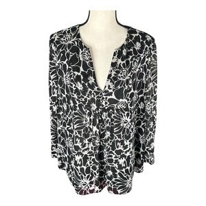 Diane Von Furstenberg Silk Blouse Sz‎ 14 Black White Floral 3/4 Sleeve Sheer Top